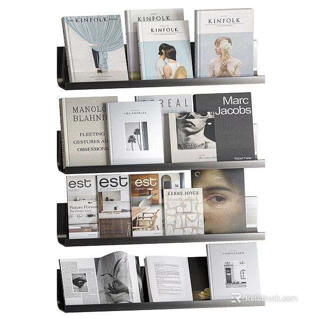 Stylish Books And Magazines On Shelves Display With Various Covers And Titles 3d model 