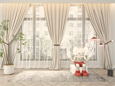 Beige Curtains With Sheer Panels In Modern Living Room By Windows With Plant And Rug 3d model