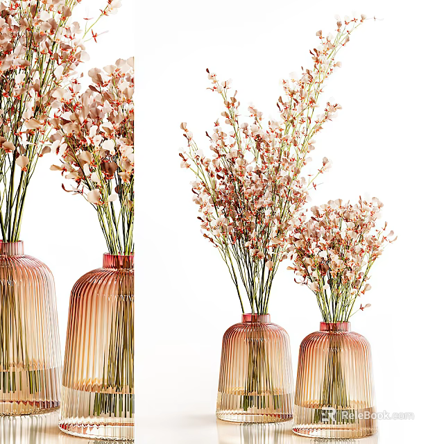 Peach Pink Striped Glass Vases With Delicate Blooms For Home Decor 3d model 