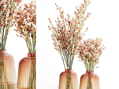 Peach Pink Striped Glass Vases With Delicate Blooms For Home Decor 3d model