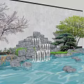 Scenic Wall with Waterfall Rocks Cherry Blossom and Pine Tree by Pond