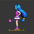 Cute Cat Eared Character With Blue Hair In Pink Dress Holding Pink Bag On Green Base