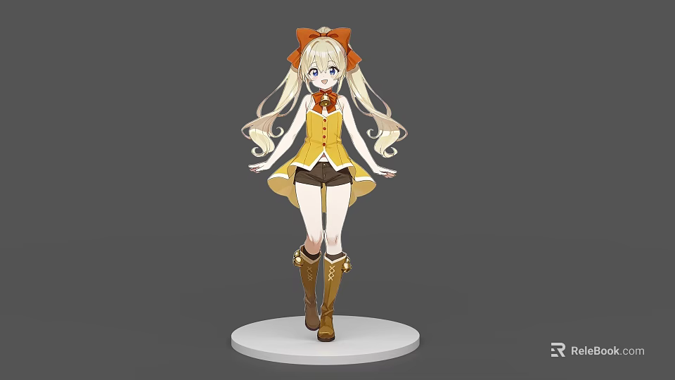 Cute Game And Movie Character With Blonde Twin Ponytails Yellow Top Brown Shorts And Boots 3d model 
