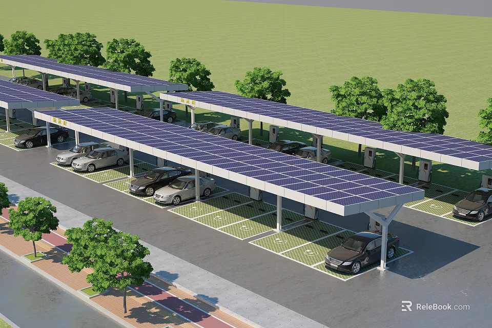 Solar Panel Equipped Parking Canopy As Roadside Facility With Parked Cars 3d model