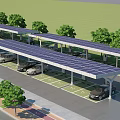 Solar Panel Equipped Parking Canopy As Roadside Facility With Parked Cars 3d model
