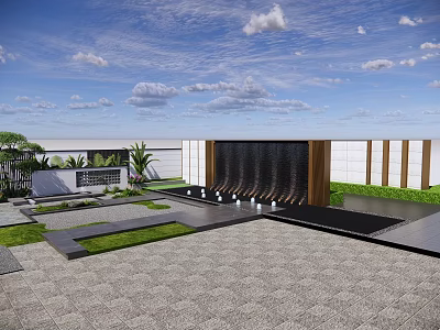 Modern Water Feature Wall in Garden with Green Plants and Stone Pavement 3d model