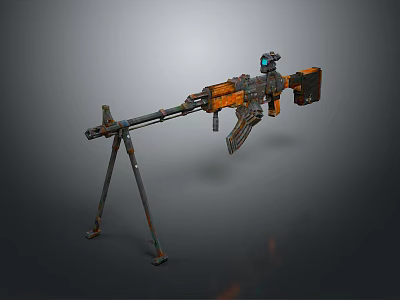 Futuristic Tactical Machine Gun With Tripod Stand Orange Black Color And Scope 3d model