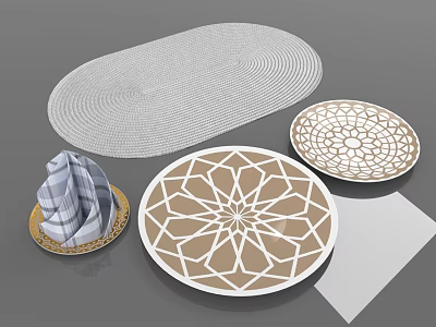 Dinnerware Set with Oval Woven Mat Round Geometric Plates Checkered Napkin Basket and White Card 3d model
