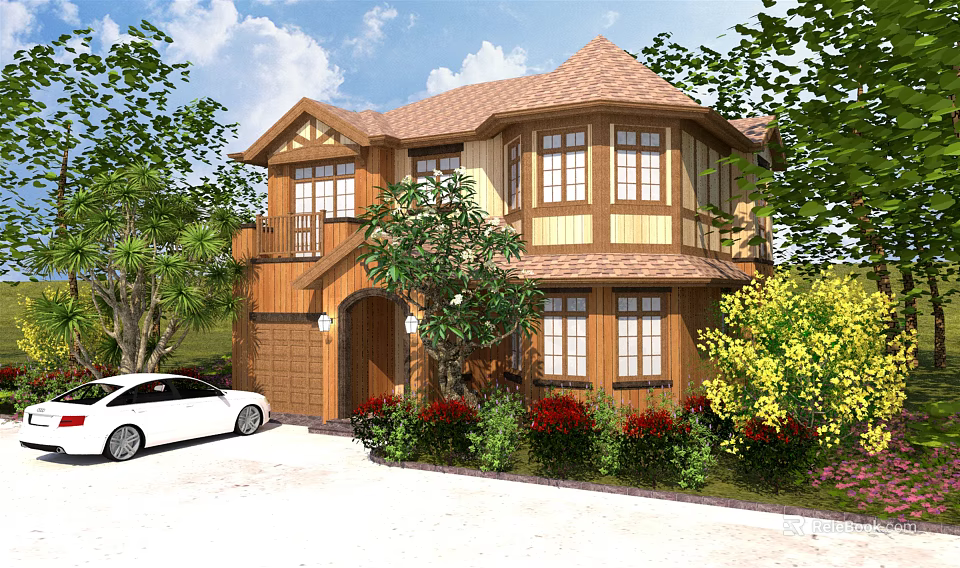 Detached Villa Exterior with Wooden Siding Brown Roof Green Plants and White Car 3d model 