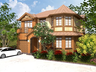 Detached Villa Exterior with Wooden Siding Brown Roof Green Plants and White Car 3d model