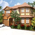 Detached Villa Exterior with Wooden Siding Brown Roof Green Plants and White Car