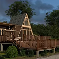 Cozy A Frame Wooden House Interior With Large Glass Windows Staircase And Sofa
