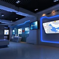 Modern Exhibition Hall Interior With Blue Lighting Multiple Display Screens And Glass Doors