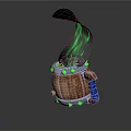 Wooden Barrel Decorative Item With Green Flame Metal Ring Green Spikes And Blue Handle