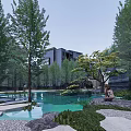Residential Landscape View From Indoor Large Glass Windows With Trees Pond And Stone Arch Bridge