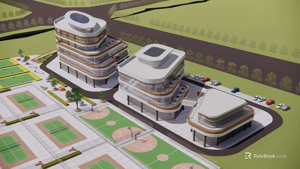 Modern Office Building Exterior With Multiple Structures Greenery Sports Courts And Parking 3d model 