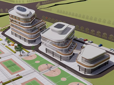 Modern Office Building Exterior With Multiple Structures Greenery Sports Courts And Parking 3d model