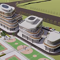 Modern Office Building Exterior With Multiple Structures Greenery Sports Courts And Parking