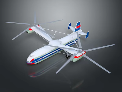 Unique Passenger Aircraft With Large Wings Multiple Propellers And Blue White Red Stripes Design 3d model