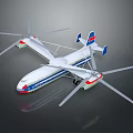 Unique Passenger Aircraft With Large Wings Multiple Propellers And Blue White Red Stripes Design