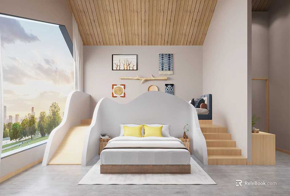 Hotel Room With Wooden Ceiling Large Window City View Slide And Yellow Pillows 3d model 