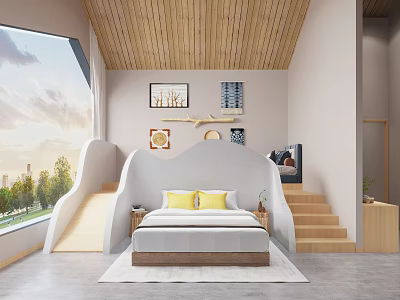 Hotel Room With Wooden Ceiling Large Window City View Slide And Yellow Pillows 3d model
