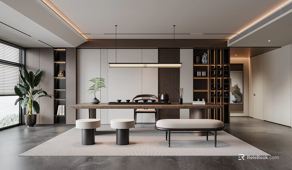 Modern Tea Room Interior With Long Wooden Table Stools Plant Shelves And Warm Lighting 3d model 