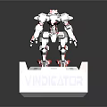 Red and White Robot Model on VINDICATOR Display Stand with Mechanical Design