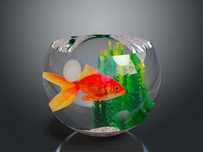 Orange Goldfish Swimming in Glass Fishbowl with Green Aquatic Plants and Sand 3d model