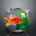 Orange Goldfish Swimming in Glass Fishbowl with Green Aquatic Plants and Sand