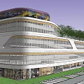 Modern Commercial Complex With Curved Exterior Glass Curtain Walls And Surrounding Trees Street Lamps