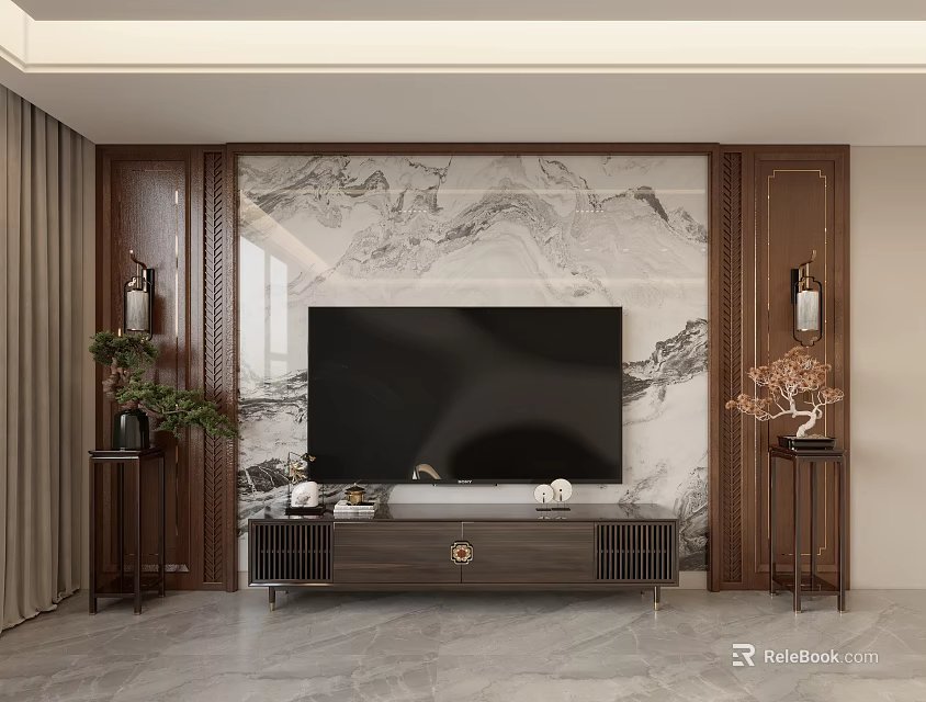 Modern Chinese Living Room Interior Featuring Marble Wall Large TV Wooden Stand And Green Plants 3d model 