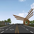 Modern Entrance Gate Design With Orange Wing Like Sculpture And Trees Along Road With Cars