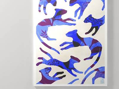 Dynamic Abstract Cat Patterns In Blue And Purple On White Background Art Design 3d model