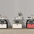 Three Different Colored Bedside Tables With Decorative Vases Books And Drawers In Modern Bedroom Setting