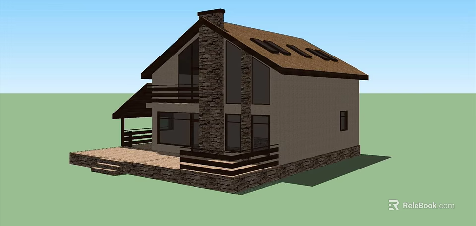 Detached House With Solar Panels Stone Chimney Wooden Deck And Large Windows 3d model 
