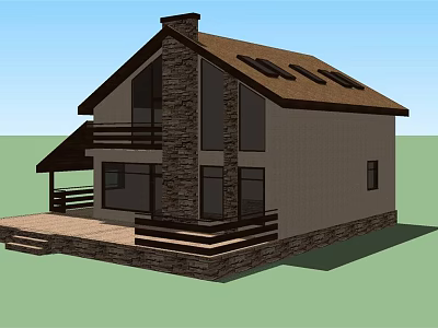 Detached House With Solar Panels Stone Chimney Wooden Deck And Large Windows 3d model