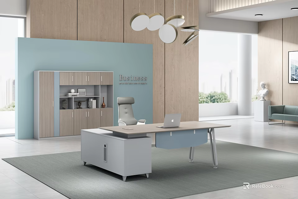 Modern Office Interior Design With Desk Chair Wooden Cabinet And Pendant Lights 3d model 