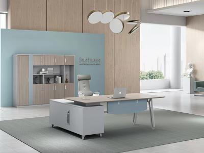 Modern Office Interior Design With Desk Chair Wooden Cabinet And Pendant Lights 3d model