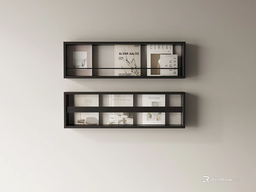 Black Wall Shelves Display With Magazines Photos And Artworks On Light Wall 3d model 
