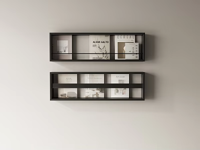 Black Wall Shelves Display With Magazines Photos And Artworks On Light Wall 3d model