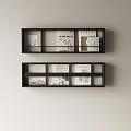 Black Wall Shelves Display With Magazines Photos And Artworks On Light Wall