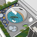Modern Pergola Structure with Circular Water Feature and Green Trees in Urban Garden