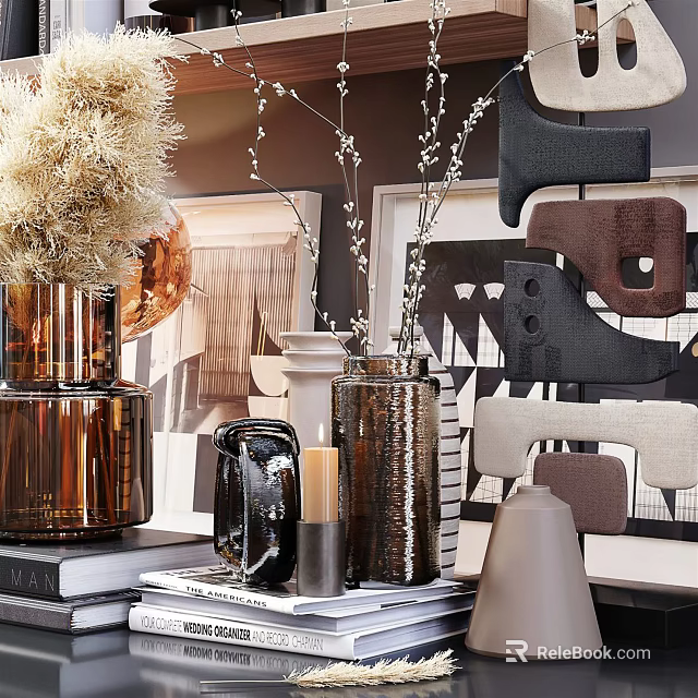 Modern Elegant Ornamental Decor Collection Featuring Copper Ceramic Vases Geometric Shapes And Pampas Grass 3d model 