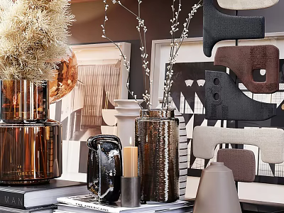 Modern Elegant Ornamental Decor Collection Featuring Copper Ceramic Vases Geometric Shapes And Pampas Grass 3d model