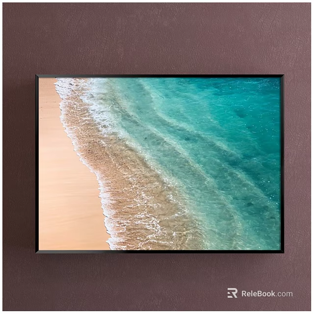 Beach Landscape Painting With Golden Sand Turquoise Water And Rolling Ocean Waves On Brown Wall 3d model 