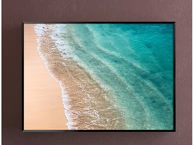 Beach Landscape Painting With Golden Sand Turquoise Water And Rolling Ocean Waves On Brown Wall 3d model