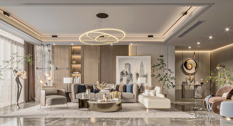 Modern Living Room Interior With Sofa Coffee Table Artwork Plants And Chandelier 3d model 
