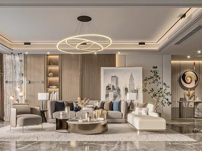 Modern Living Room Interior With Sofa Coffee Table Artwork Plants And Chandelier 3d model