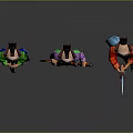 Three Traditional Warrior Figures With Colorful Costumes Holding Swords And Traditional Attire